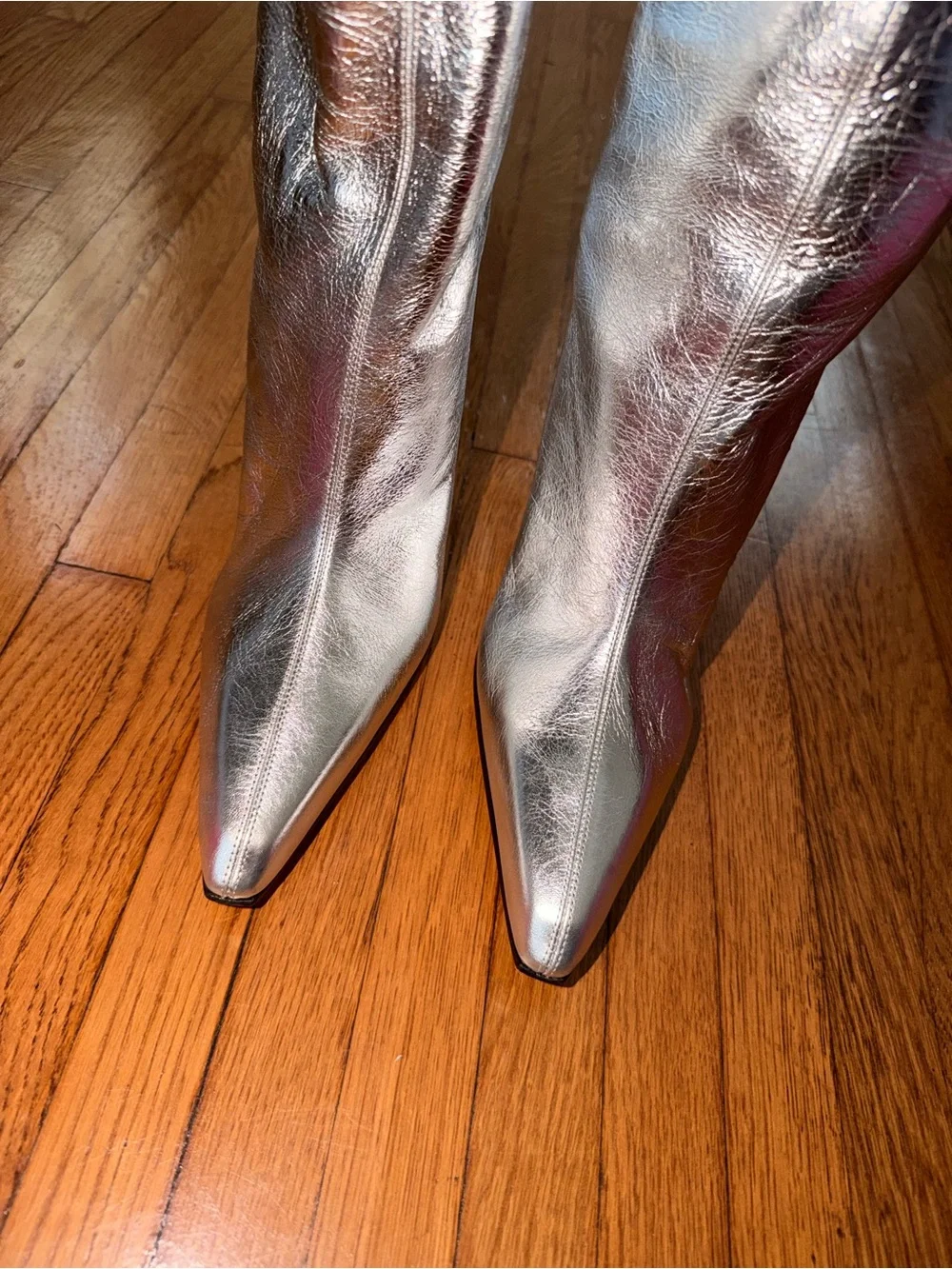 Paris Texas Jane Silver Over-the-Knee Crinkled Leather Metallic Boots New In Box